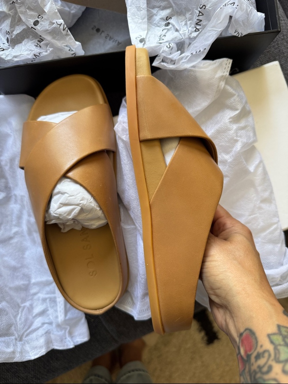 NIB Sol Sana Tan Crossover Leather Slide Mules sz6/36